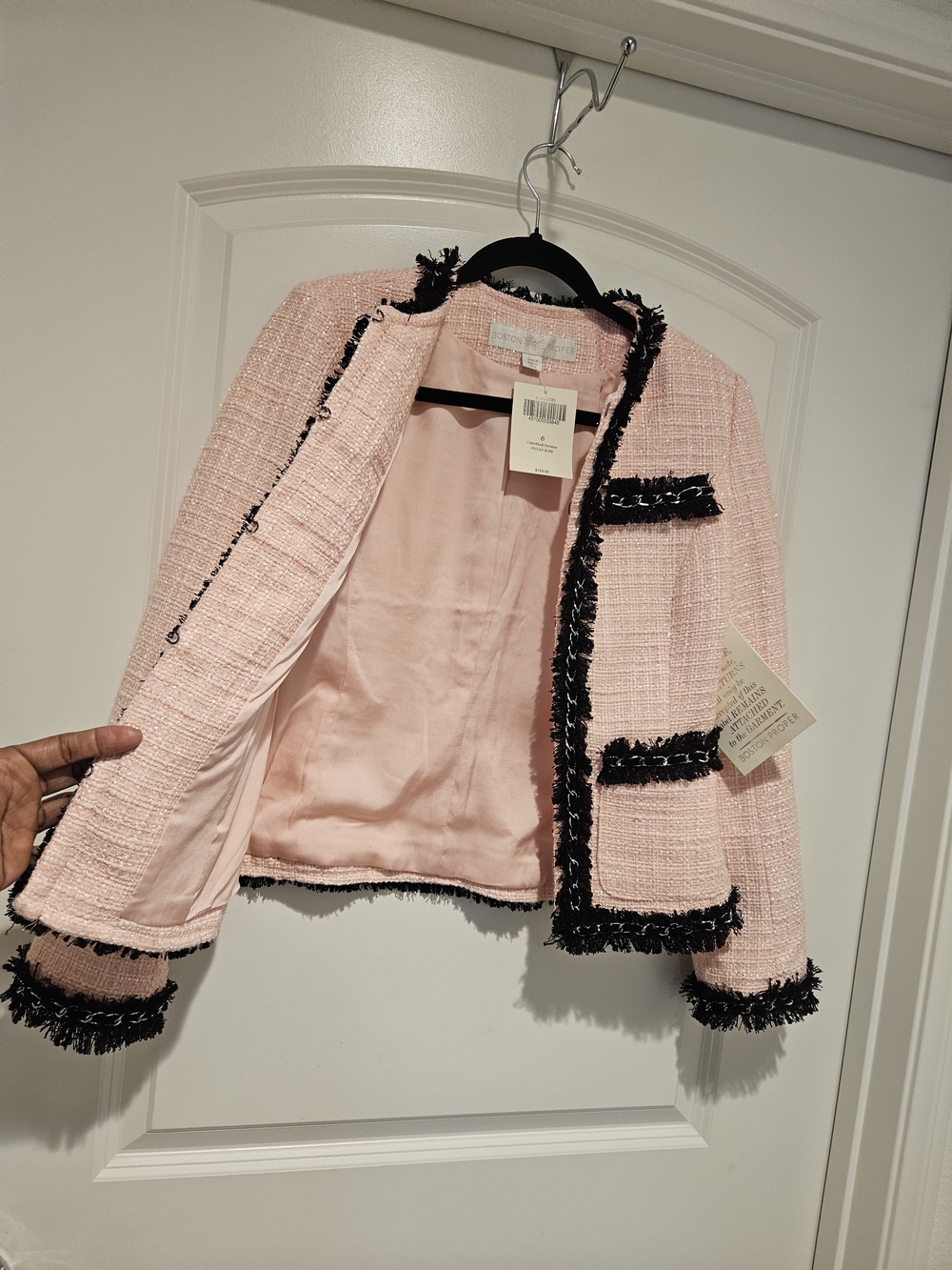 Boston Proper Pink Tweed Jacket with Black Fringe Trim #924 - Picture 3 of 8